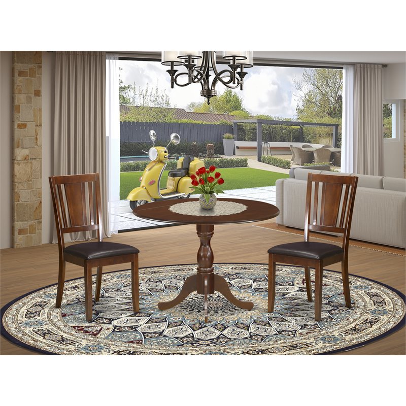 East West Furniture Dublin 3-piece Dining Set with Leather Seat in Mahogany