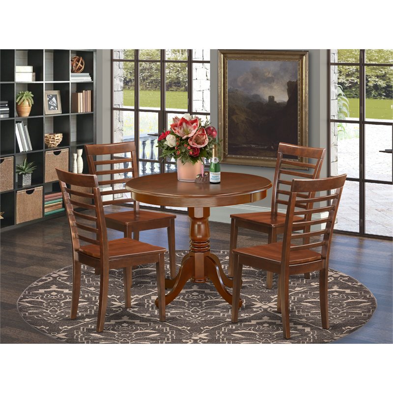 East West Furniture Antique 5-piece Dining Set w/ Wood Seat Chairs in Mahogany