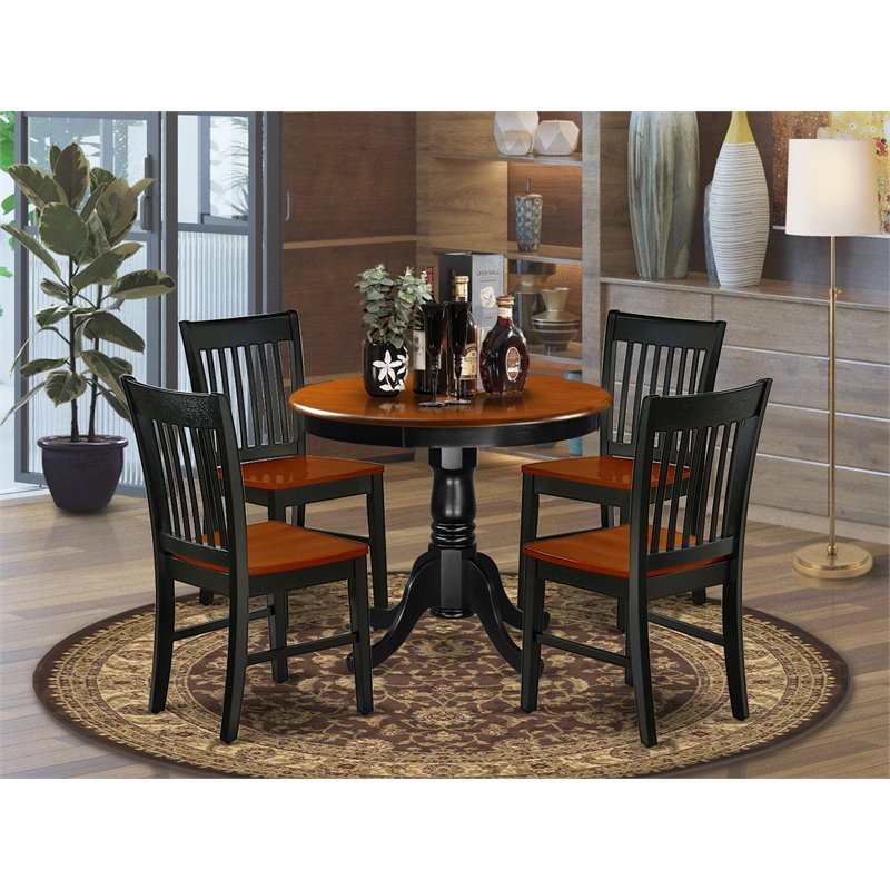 East West Furniture Antique 5-piece Dining Set with Round Table in Black/Cherry