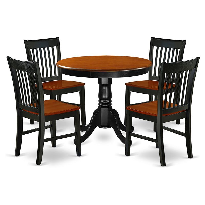 East West Furniture Antique 5-piece Dining Set with Round Table in Black/Cherry