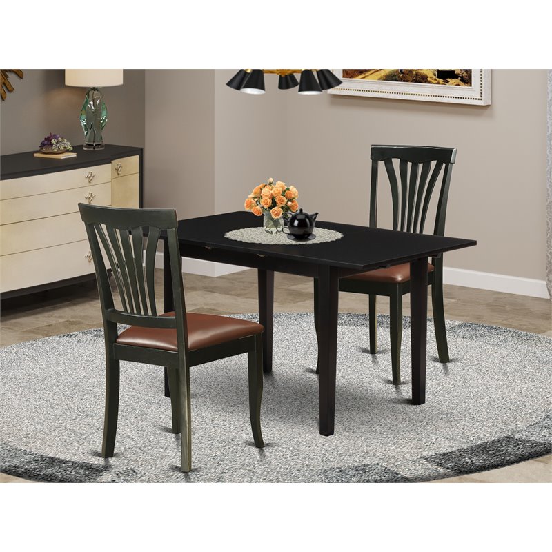 East West Furniture Norfolk 3-piece Wood Dining Set with Leather Seat in Black