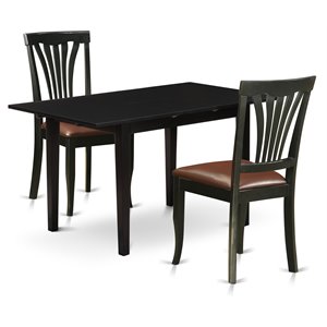 East West Furniture Norfolk 3-piece Wood Dining Set with Leather Seat in Black
