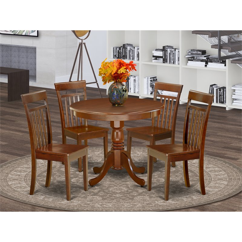 East West Furniture Antique 5-piece Dining Set with Wood Seat in Mahogany