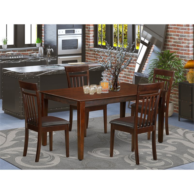 East West Furniture Capri 5Pcs Wood Dining Set w/Faux Leather Seat in Mahogany