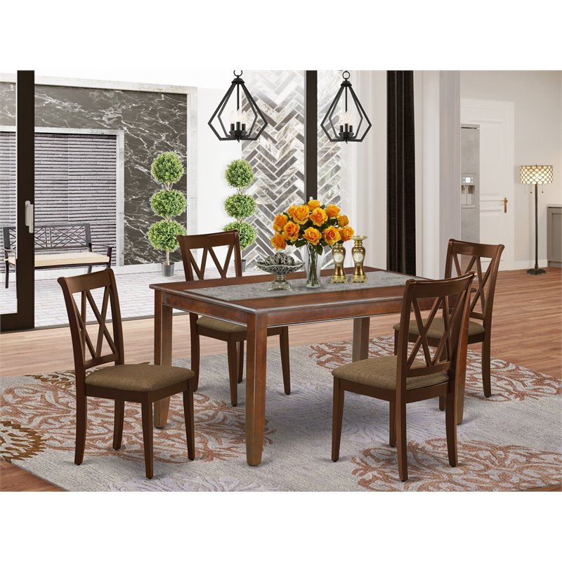 East West Furniture Dudley 5-piece Wood Dining Set with Linen Seat in Mahogany