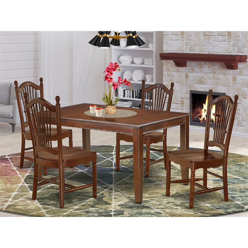 East West Furniture Dudley 5-piece Dining Set with Wood Seat in Mahogany