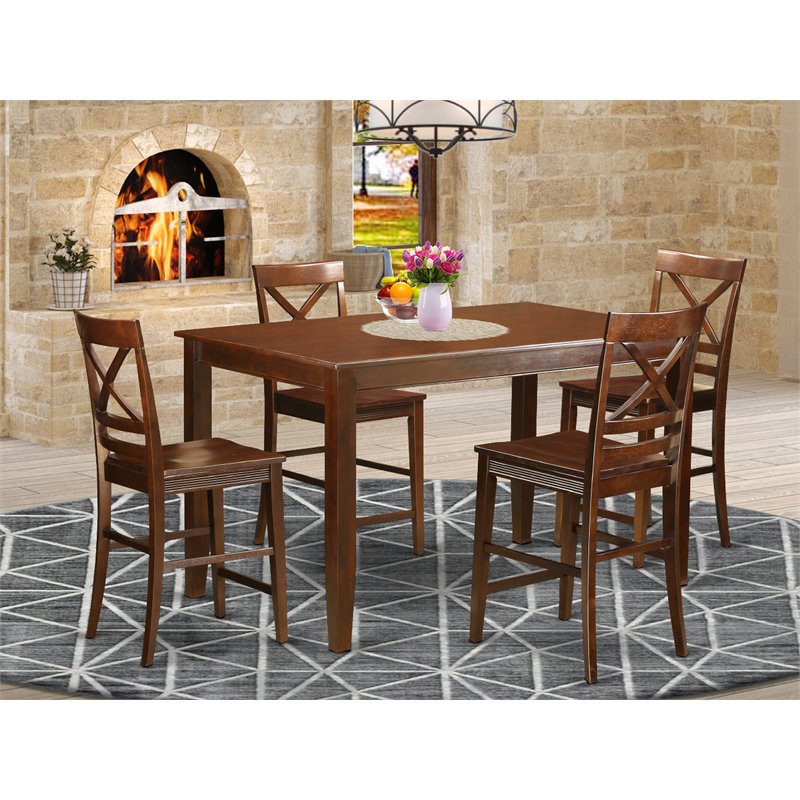East West Furniture Dudley 5-piece Wood Counter Height Dining Set in Mahogany