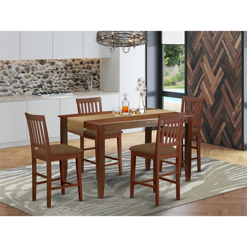 East West Furniture Dudley 5-piece Wood Counter Height Table Set in Mahogany
