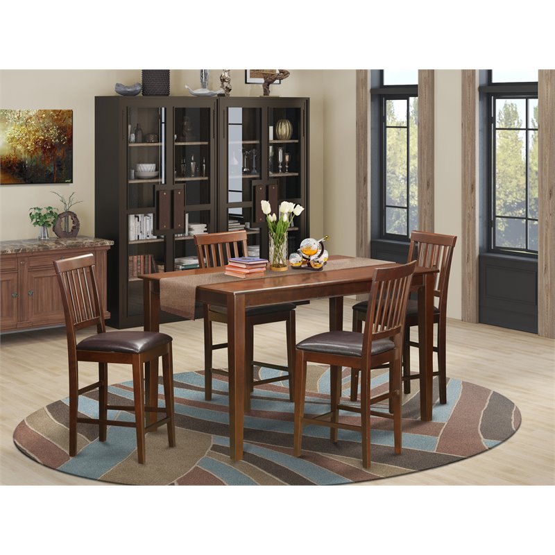 East West Furniture Dudley 5-piece Wood Dining Table and Bar Stools in Mahogany