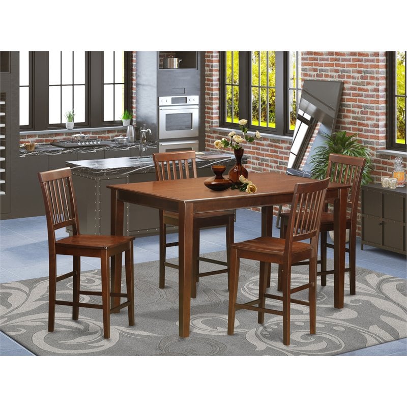 East West Furniture Dudley 5-piece Table and Counter Height Chairs in Mahogany