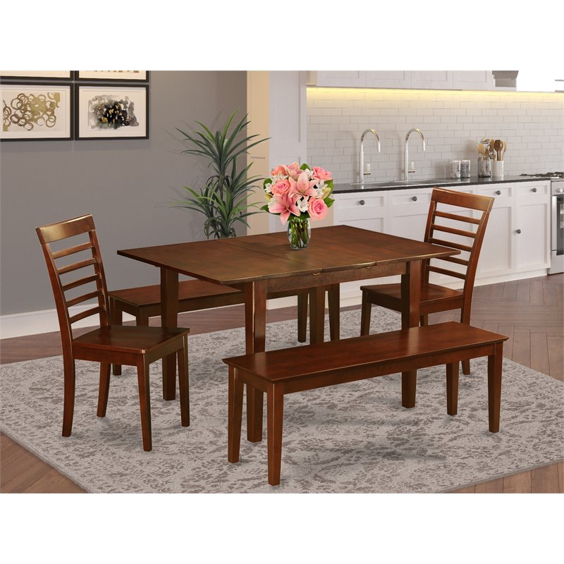 East West Furniture Milan 5-piece Wood Kitchen Set with 2 Benches in Mahogany