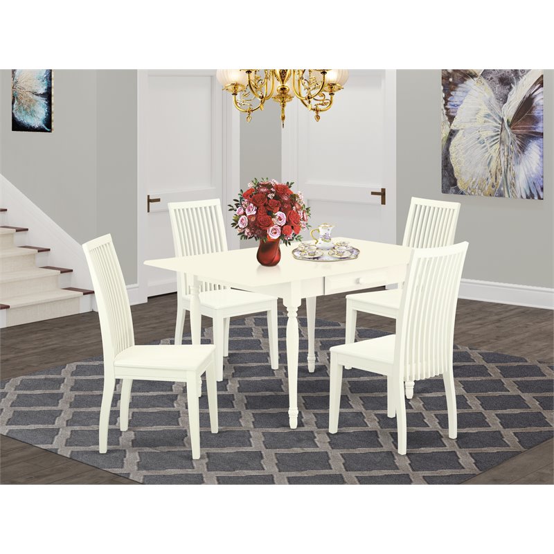 East West Furniture Monza 5-piece Wood Dining Table and Chairs in Linen White