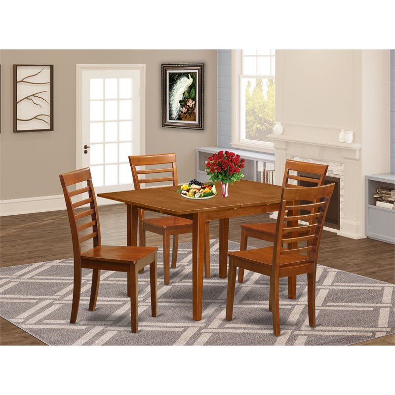 East West Furniture Milan 5-piece Wood Dining Table Set in Saddle Brown