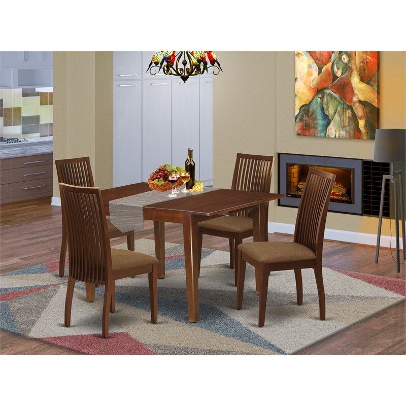 East West Furniture Milan 5-piece Wood Dining Set with Linen Seat in Mahogany