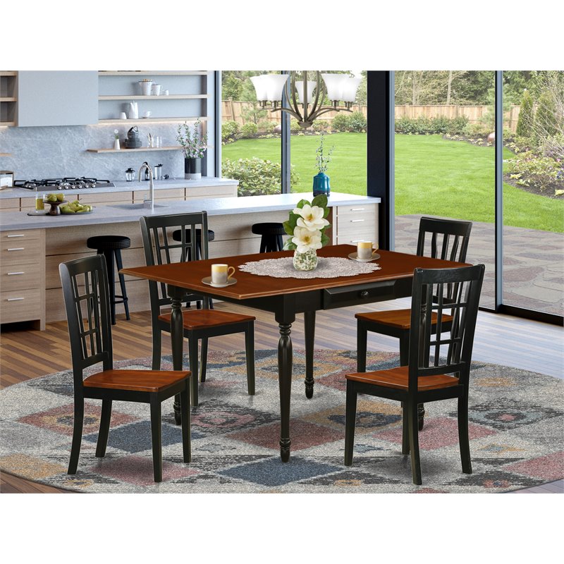 East West Furniture Monza 5-piece Wood Dining Table and Chairs in Black/Cherry