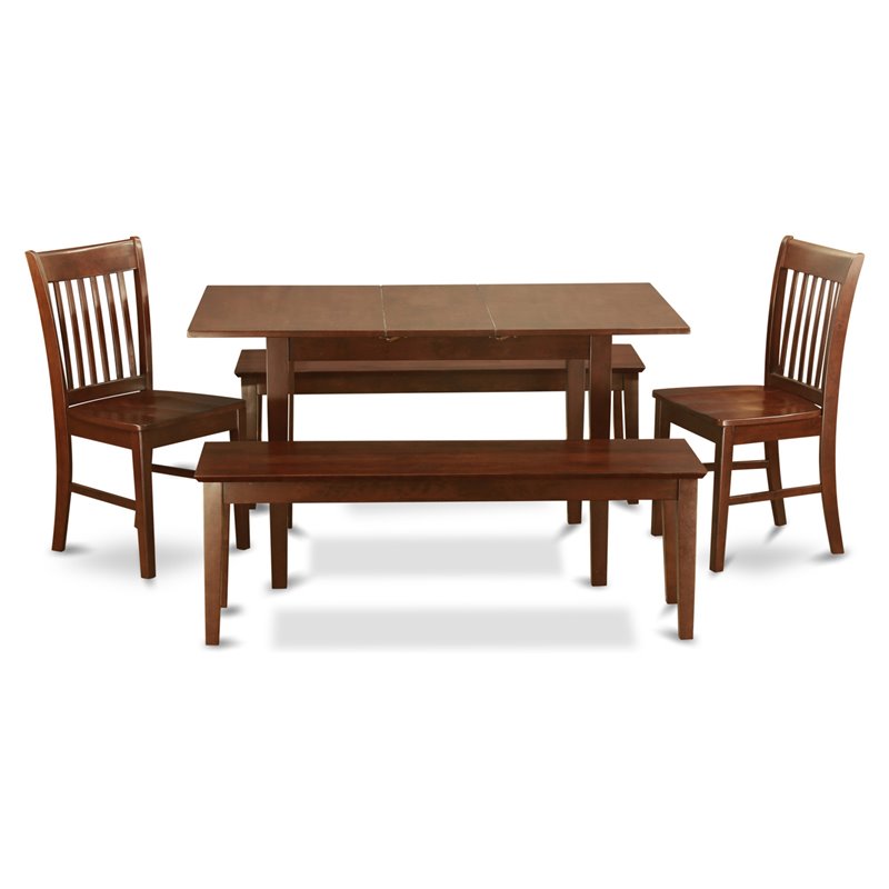 East West Furniture Norfolk 5-piece Wood Kitchen Set with Benches in Mahogany