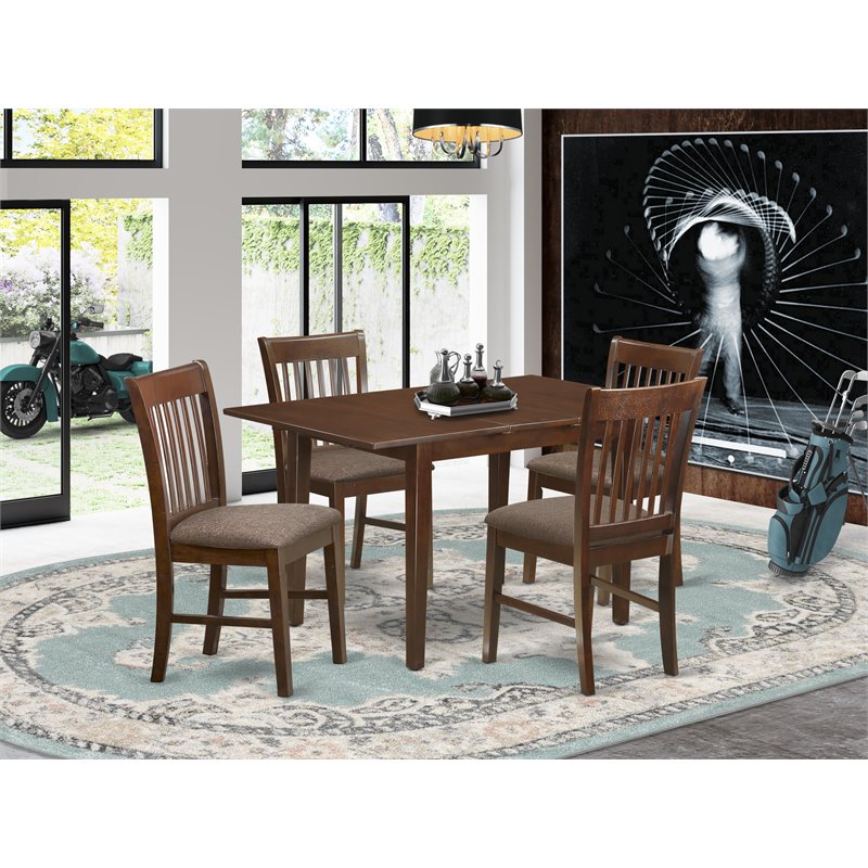 East West Furniture Norfolk 5-piece Wood Dining Set with Fabric Seat in Mahogany