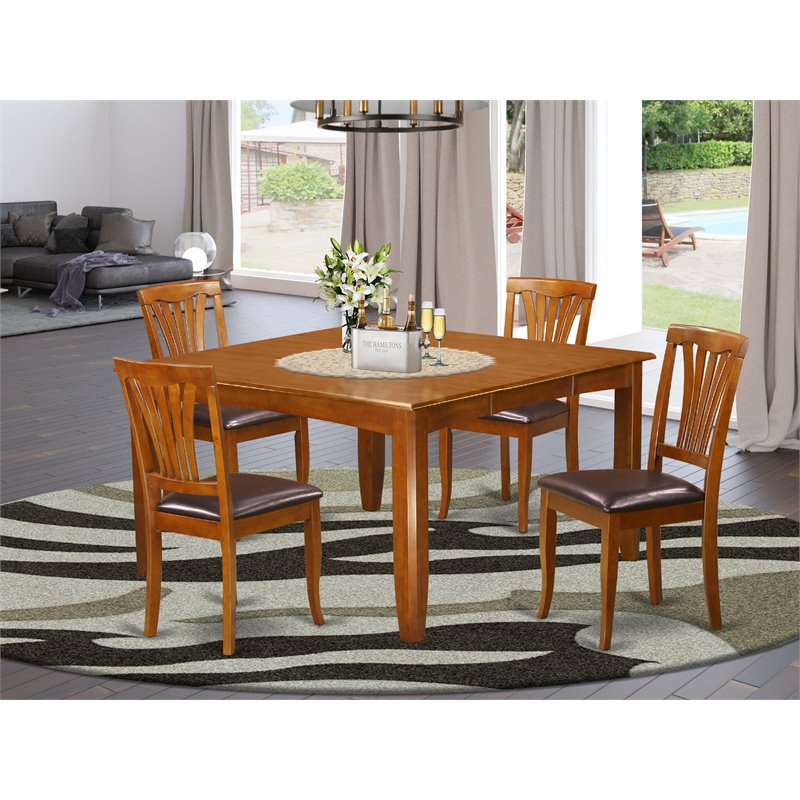 East West Furniture Parfait 5-piece Dining Set with Leather Seat in Saddle Brown