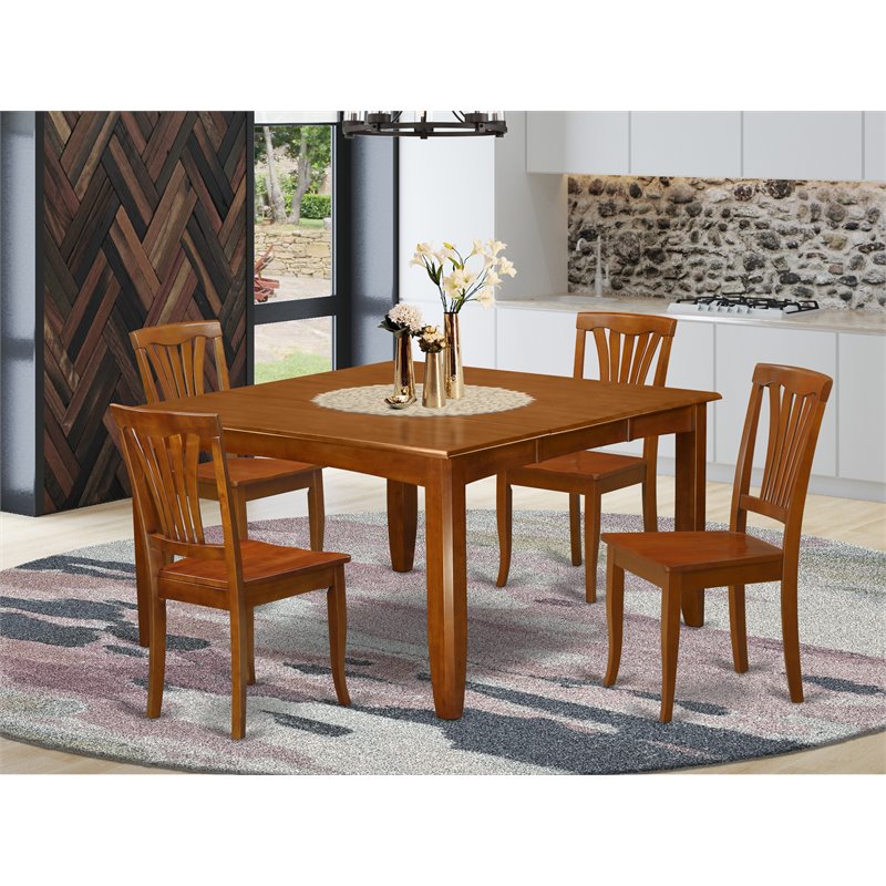 East West Furniture Parfait 5-piece Dining Set with Wood Seat in Saddle Brown