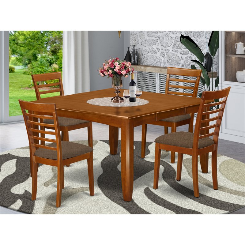 East West Furniture Parfait 5-piece Dining Set with Fabric Seat in Saddle Brown