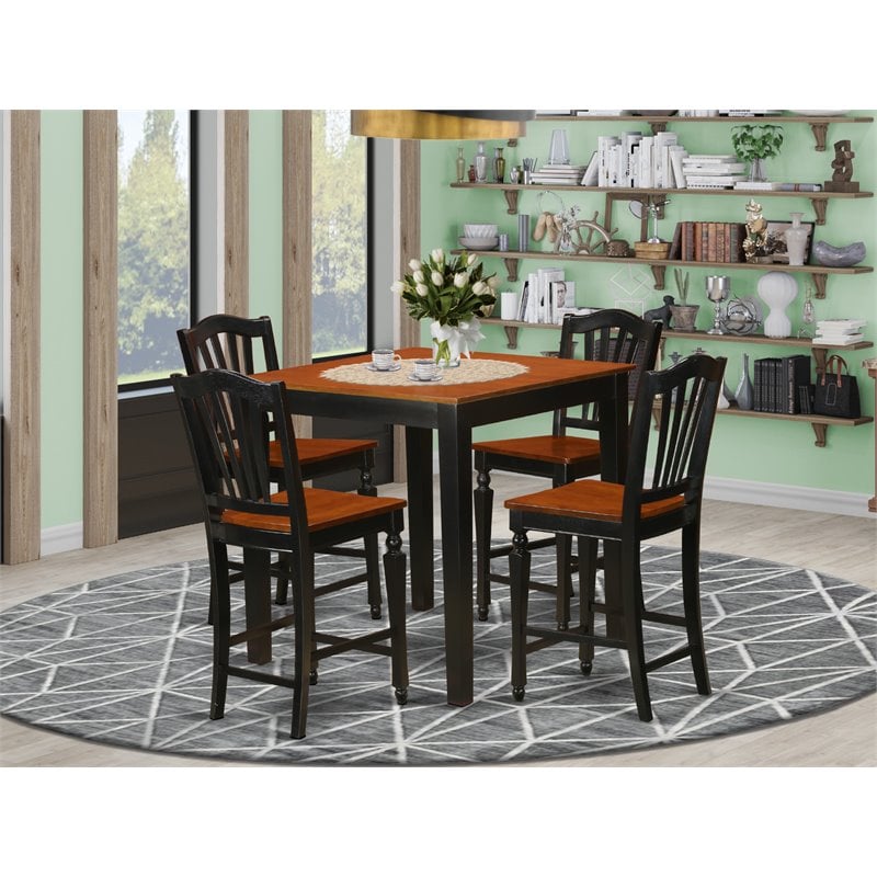 East West Furniture Pub 5-piece Wood Dining Set with Bar Stools in Black/Cherry