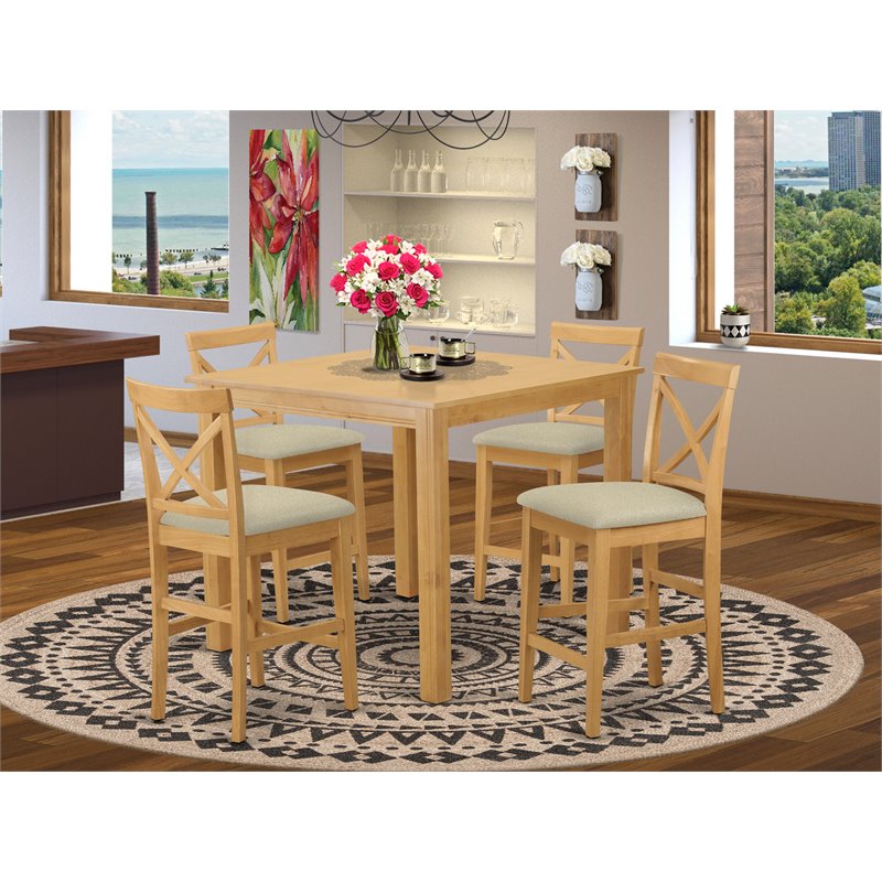 East West Furniture Cafe 5-piece Wood Dining Table and Bar Stools in Oak