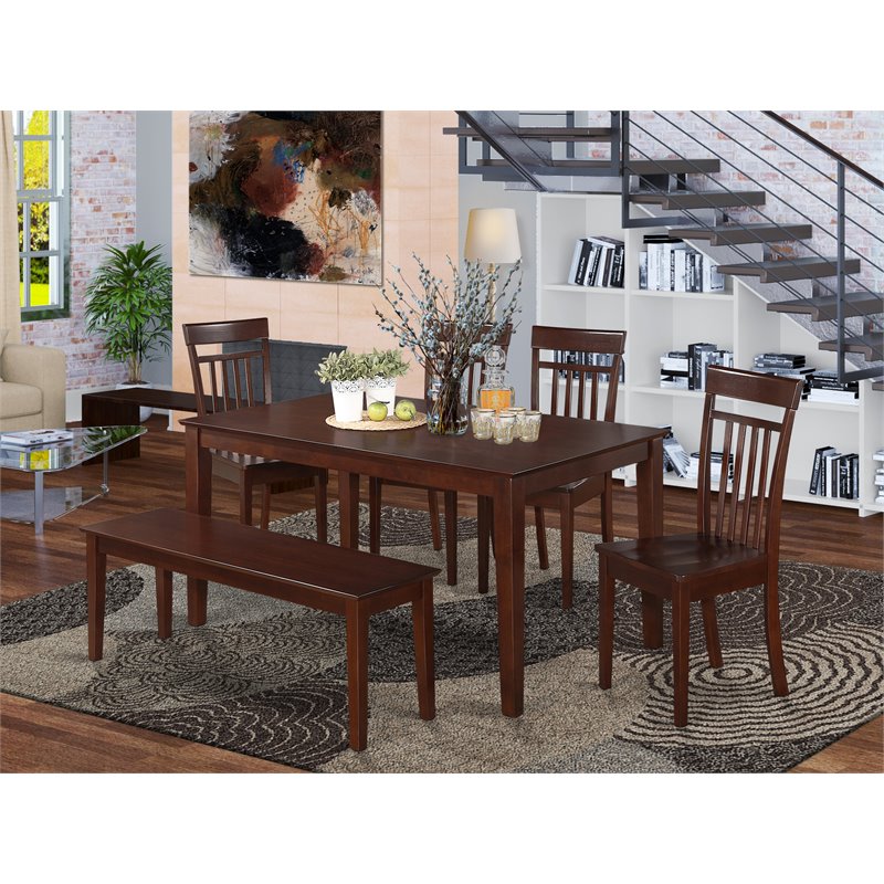 East West Furniture Capri 6-piece Dining Set with Wood Seat in Mahogany