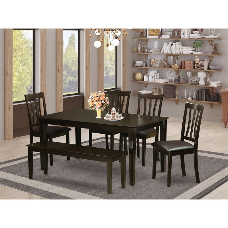 East West Furniture Capri 6-piece Wood Dining Set w/ Leather Seat in Cappuccino
