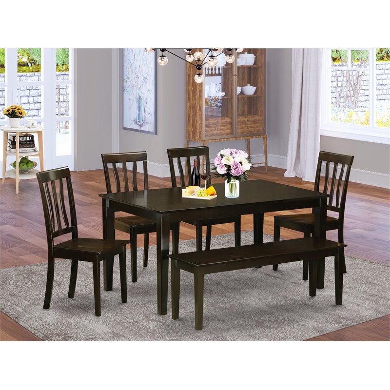 East West Furniture Capri 6-piece Dining Set with Wood Seat in Cappuccino