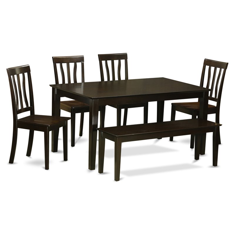 East West Furniture Capri 6-piece Dining Set with Wood Seat in Cappuccino