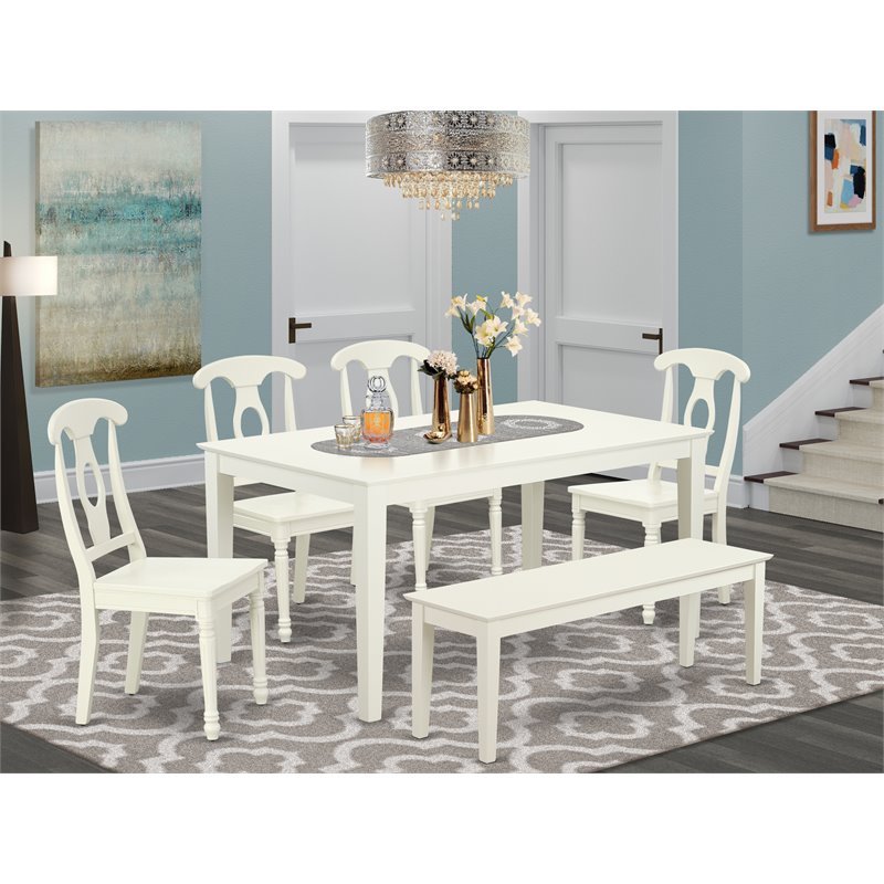 East West Furniture Capri 6-piece Wood Dining Set with Panel Back in Linen White