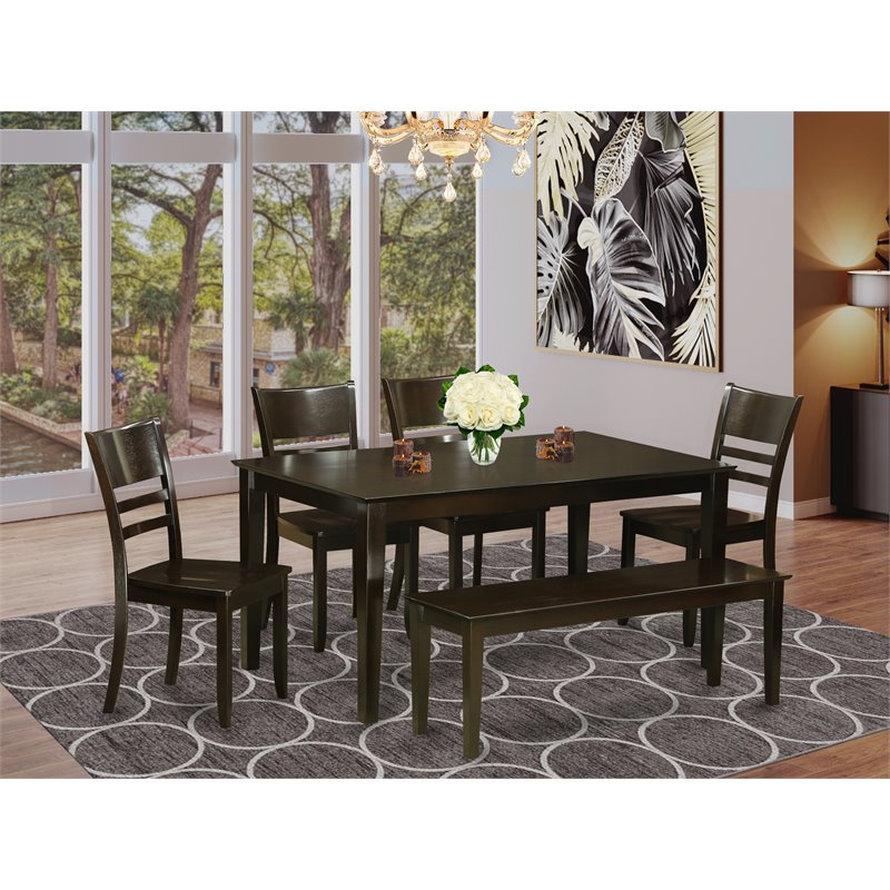 East West Furniture Capri 6-piece Wood Dining Set with Bench in Cappuccino