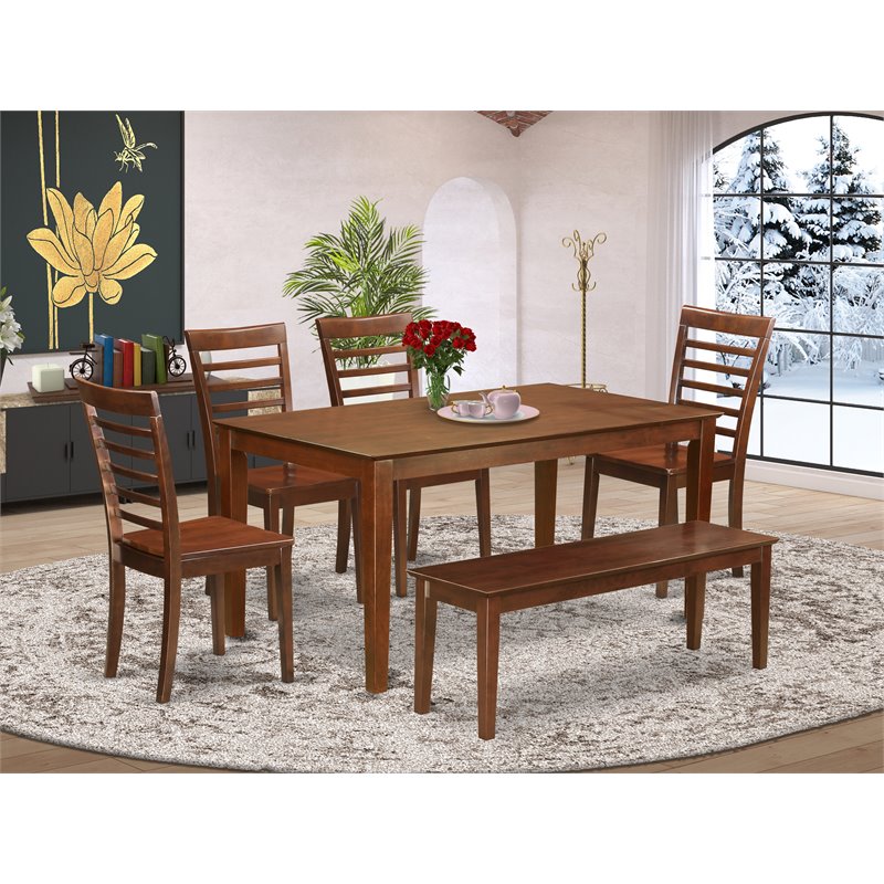 East West Furniture Capri 6-piece Wood Kitchen Table Set with Bench in Mahogany