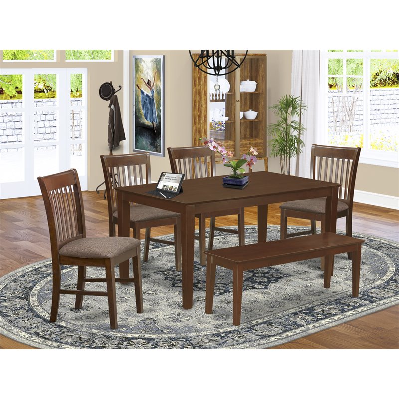 East West Furniture Capri 6-piece Wood Dining Table Set with Bench in Mahogany