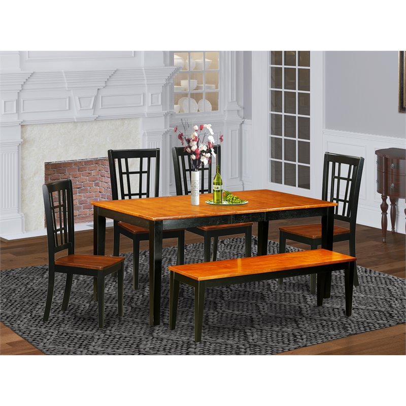 East West Furniture Nicoli 6-piece Dining Table Set with Bench in Black/Cherry