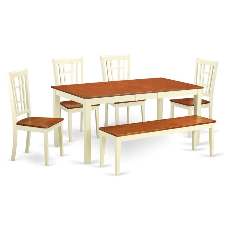 East West Furniture Nicoli 6-piece Wood Dining Set plus Bench in Cherry