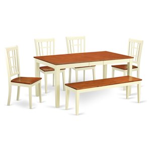 East West Furniture Nicoli 6-piece Wood Dining Set plus Bench in Cherry
