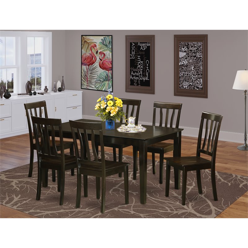 East West Furniture Capri 7-piece Dining Set with Wood Seat in Cappuccino
