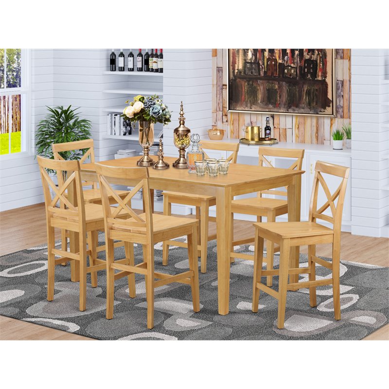 East West Furniture Capri 7-piece Wood Counter Height Dining Table Set in Oak