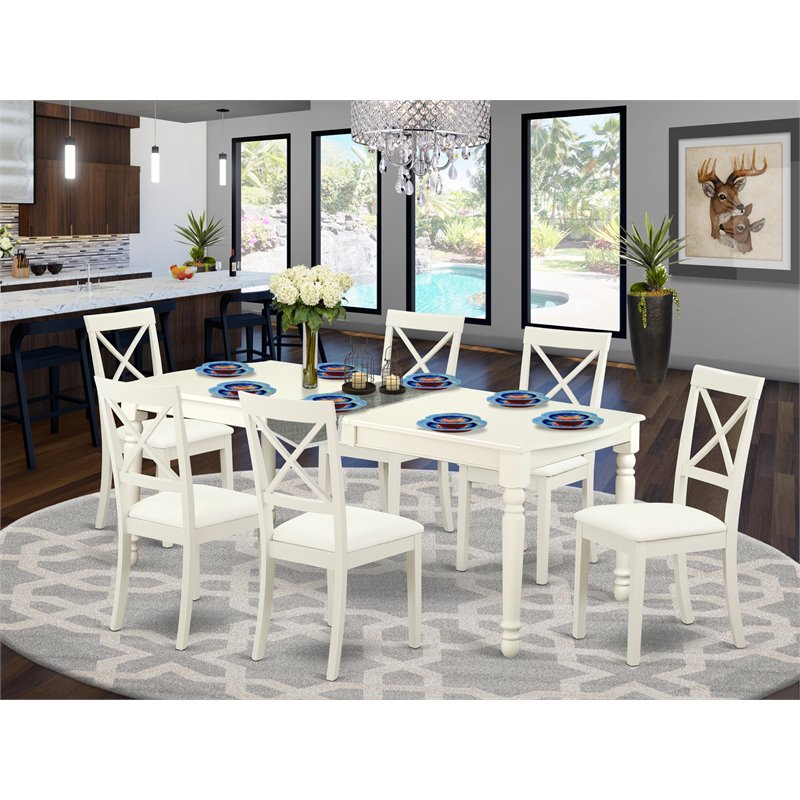 East West Furniture Dover 7-piece Wood Dining Set with Leather Chairs in White