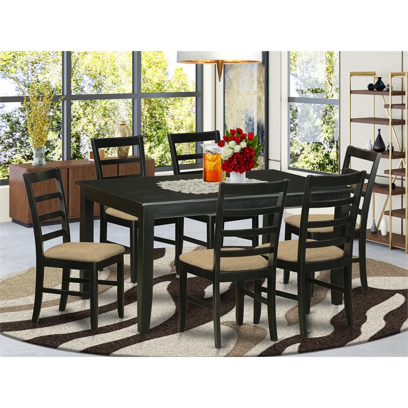 East West Furniture Dudley 7-piece Wood Dining Set with Linen Seat in Black
