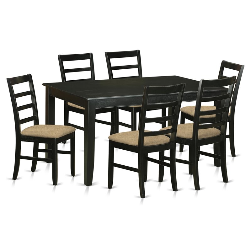 East West Furniture Dudley 7-piece Wood Dining Set with Linen Seat in Black