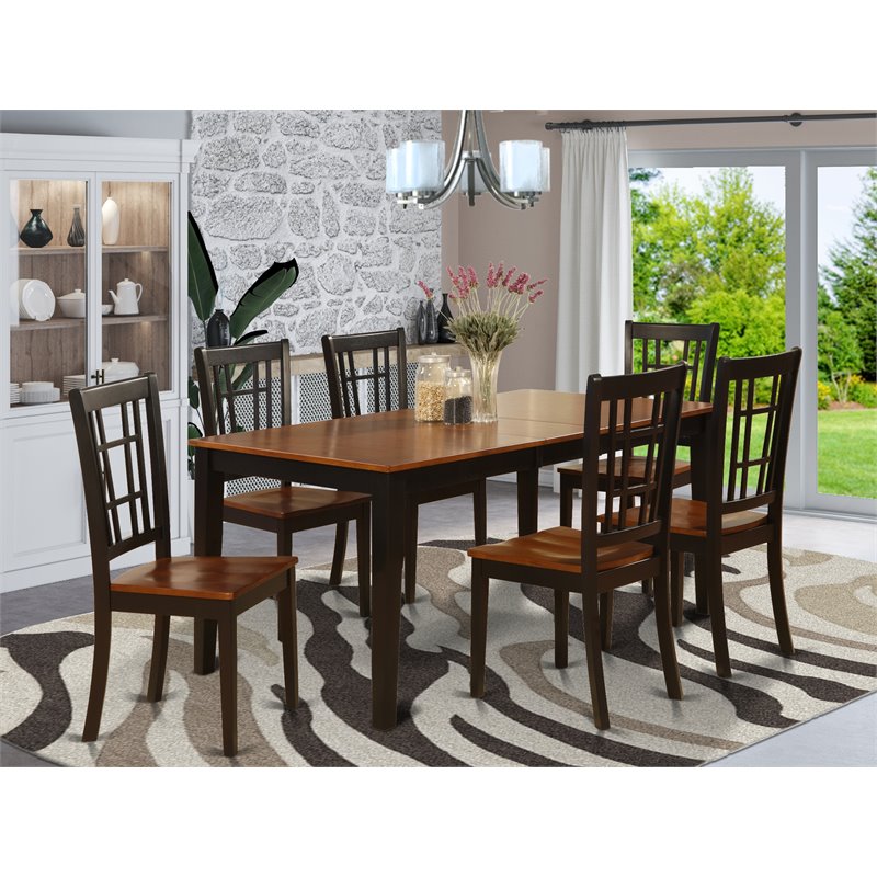 East West Furniture Nicoli 7-piece Dining Set with Wood Seat in Black/Cherry