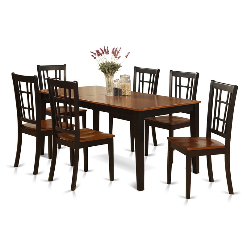 East West Furniture Nicoli 7-piece Dining Set with Wood Seat in Black/Cherry