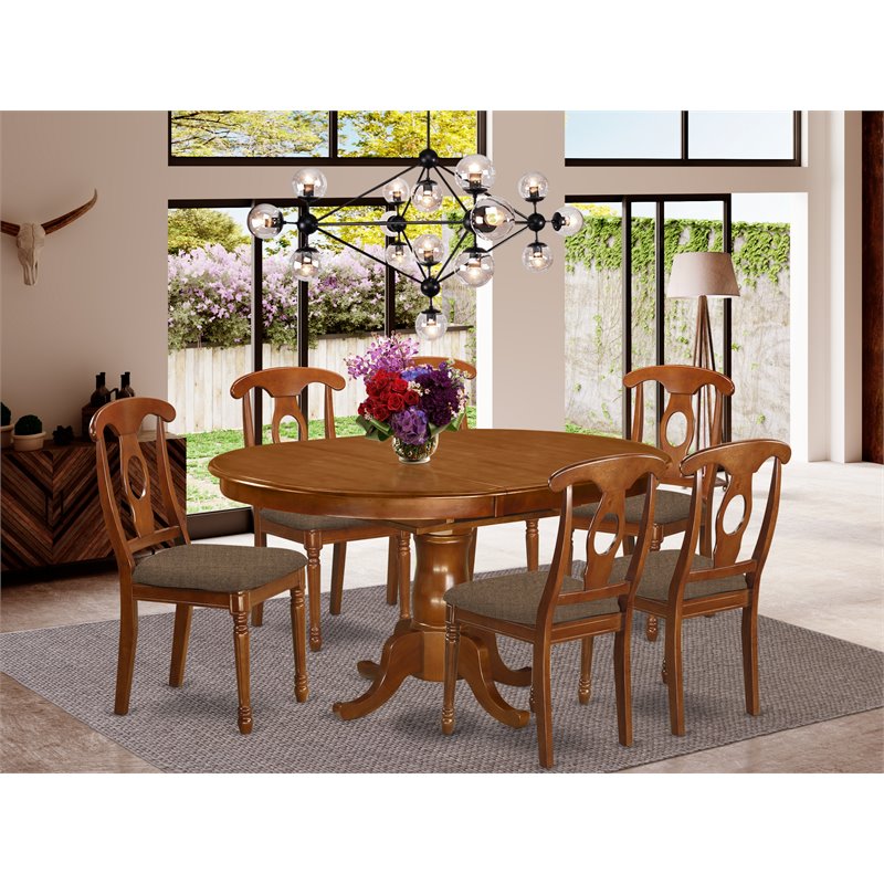 East West Furniture Portland 7-piece Wood Dining Set with Cushion Seat in Brown