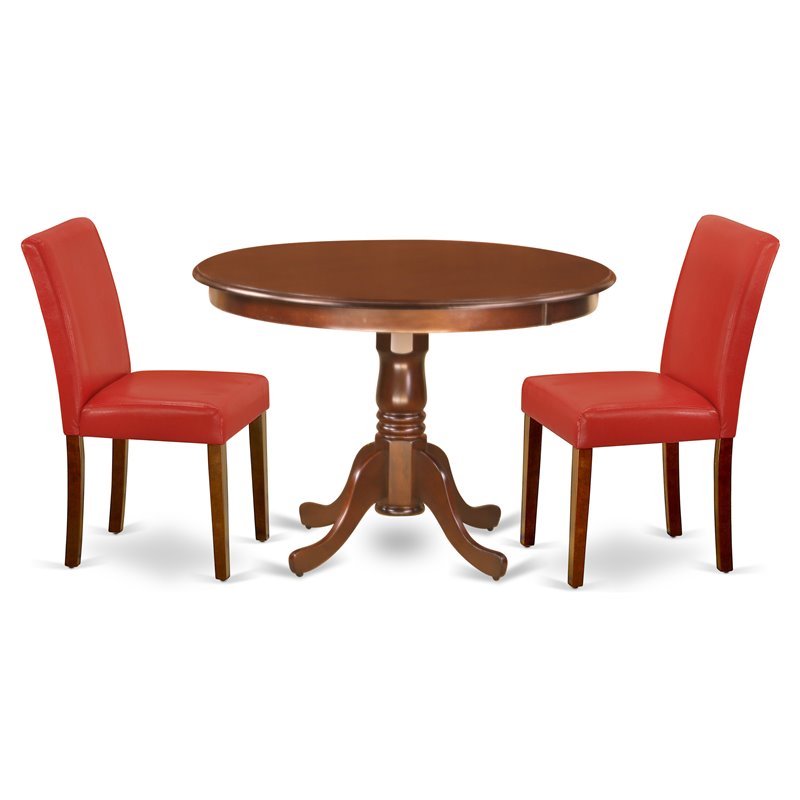 East West Furniture Hartland 3-piece Dining Set with Leather Seat in Mahogany