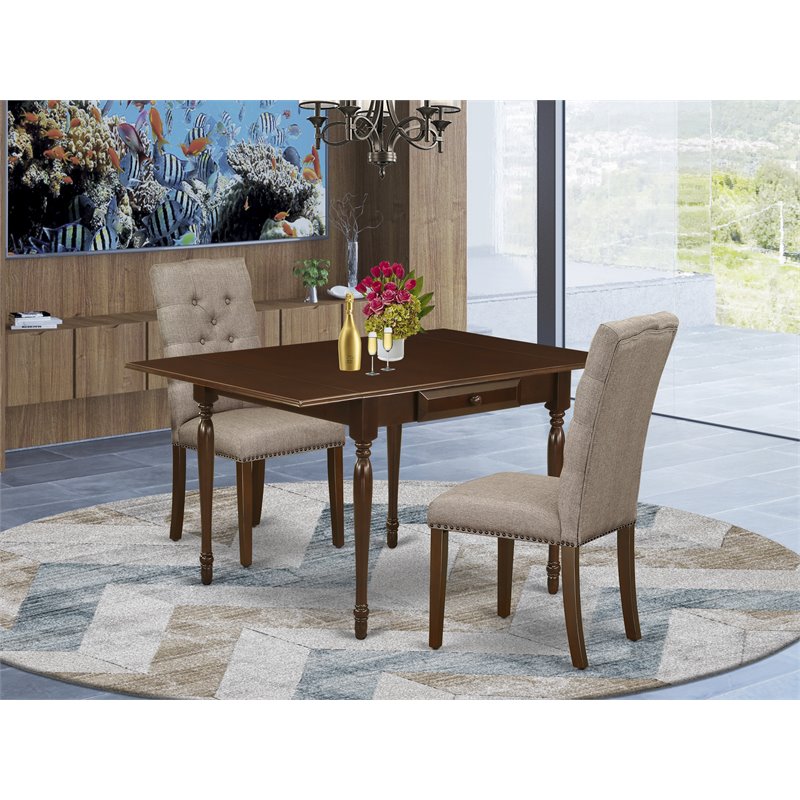 East West Furniture Monza 3-piece Wood Dining Set in Mahogany/Dark Khaki