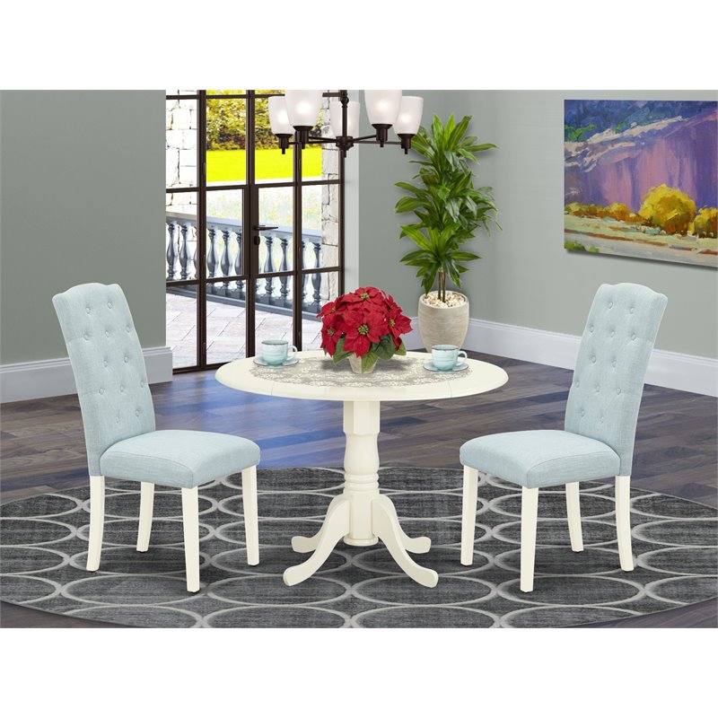 East West Furniture Dublin 3-piece Wood Dining Set in Linen White/Baby Blue