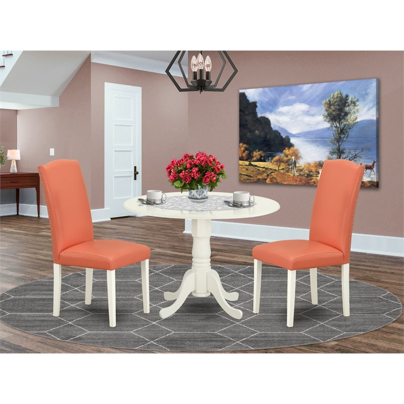 East West Furniture Dublin 3-piece Wood Dining Set in Linen White/Pink Flamingo