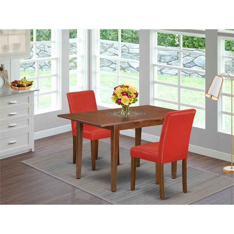 East West Furniture Milan 3-piece Wood Dining Set with Leather Seat in Mahogany